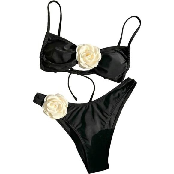 Women's 2 Piece 3D Rose Bikini Swimsuit Spaghetti Strap High Waist Beachwear
